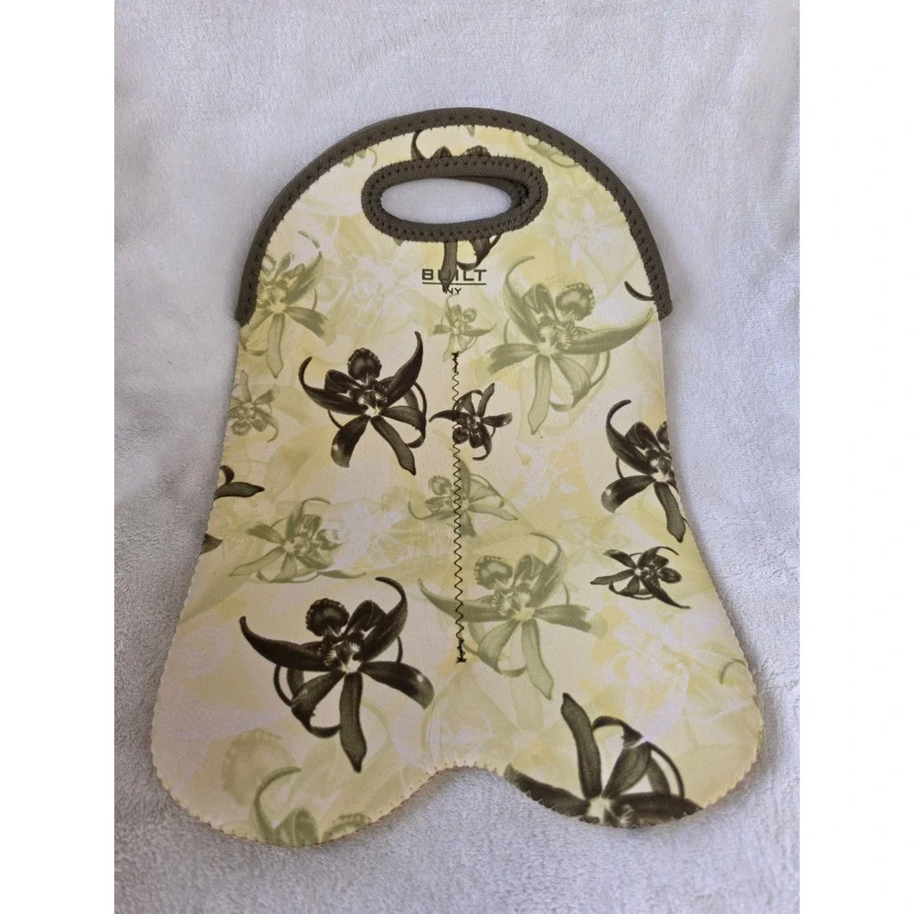 Built NY Neoprene Double Wine Bottle Tote Insulated Floral Orchid Yellow Brown